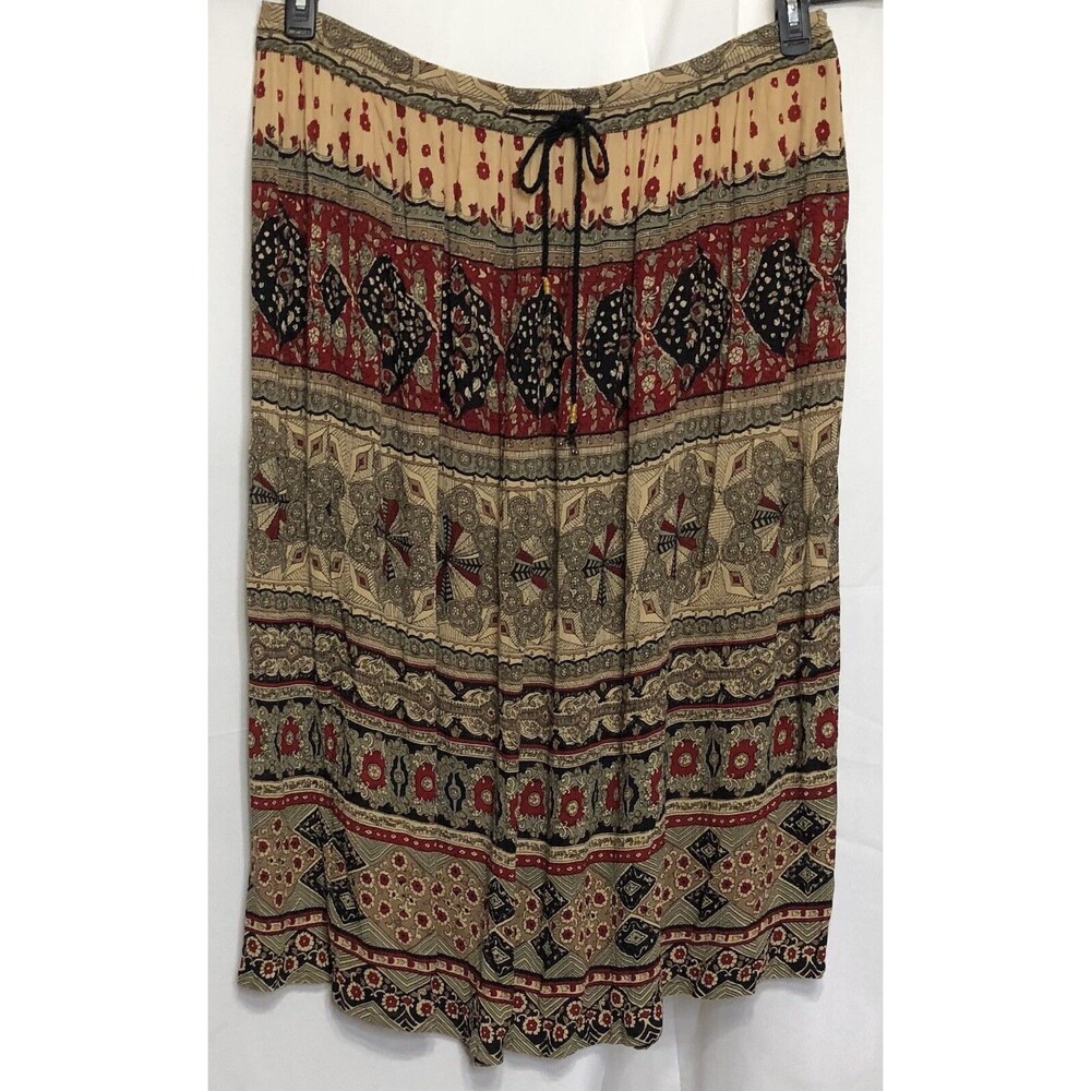Vintage Midi Flowy Skirt PL Brown Red Geo tribal 40"W Funky Boho Grunge Hippie